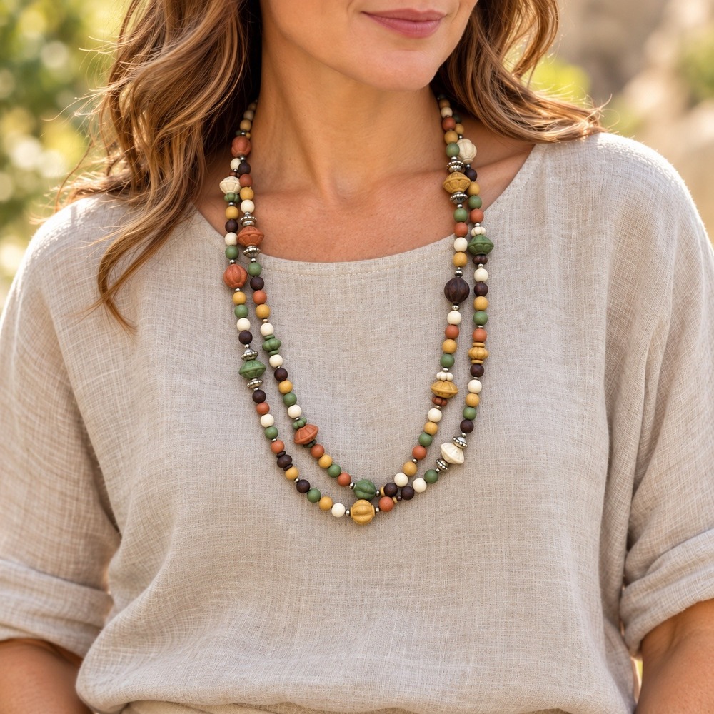 Boho Double Strand Beaded Necklace Earth Tones Green Brown Cream Silver Tone